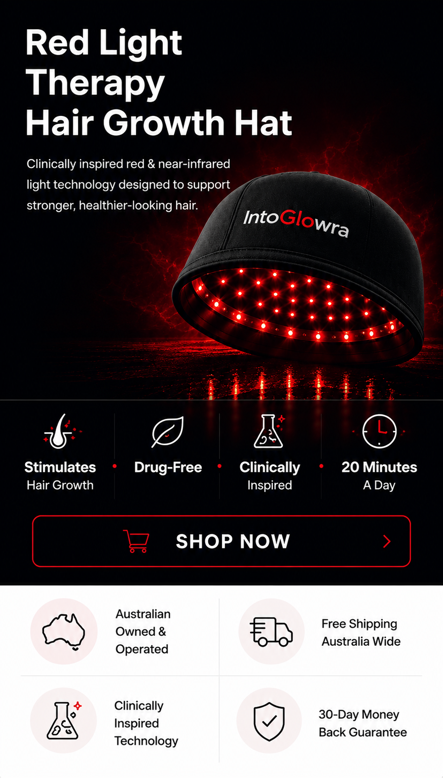 IntoGlowra Red Light Therapy Hair Growth Hat with promotional text on a black background