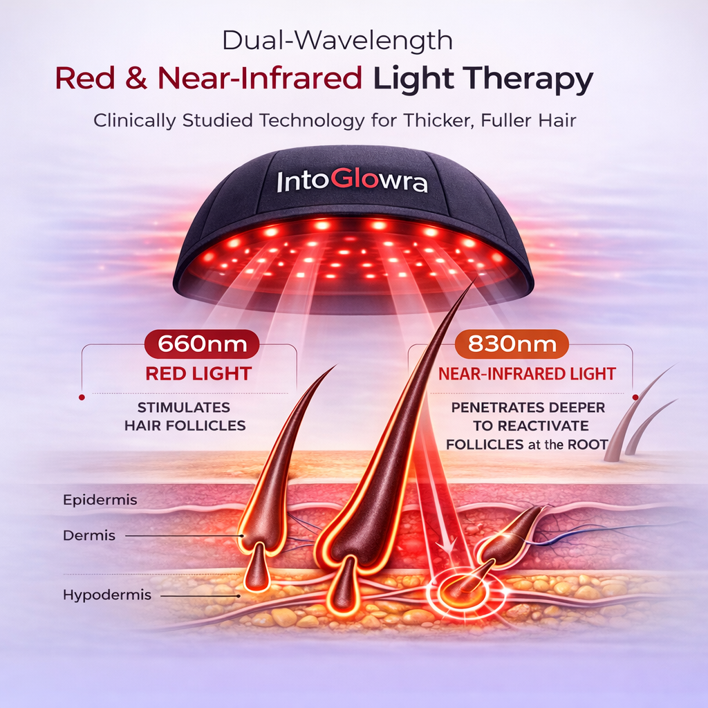 IntoGlowra red and near-infrared light therapy hair growth hat diagram showing 660nm and 830nm wavelengths penetrating epidermis, dermis, and hypodermis to stimulate hair follicles