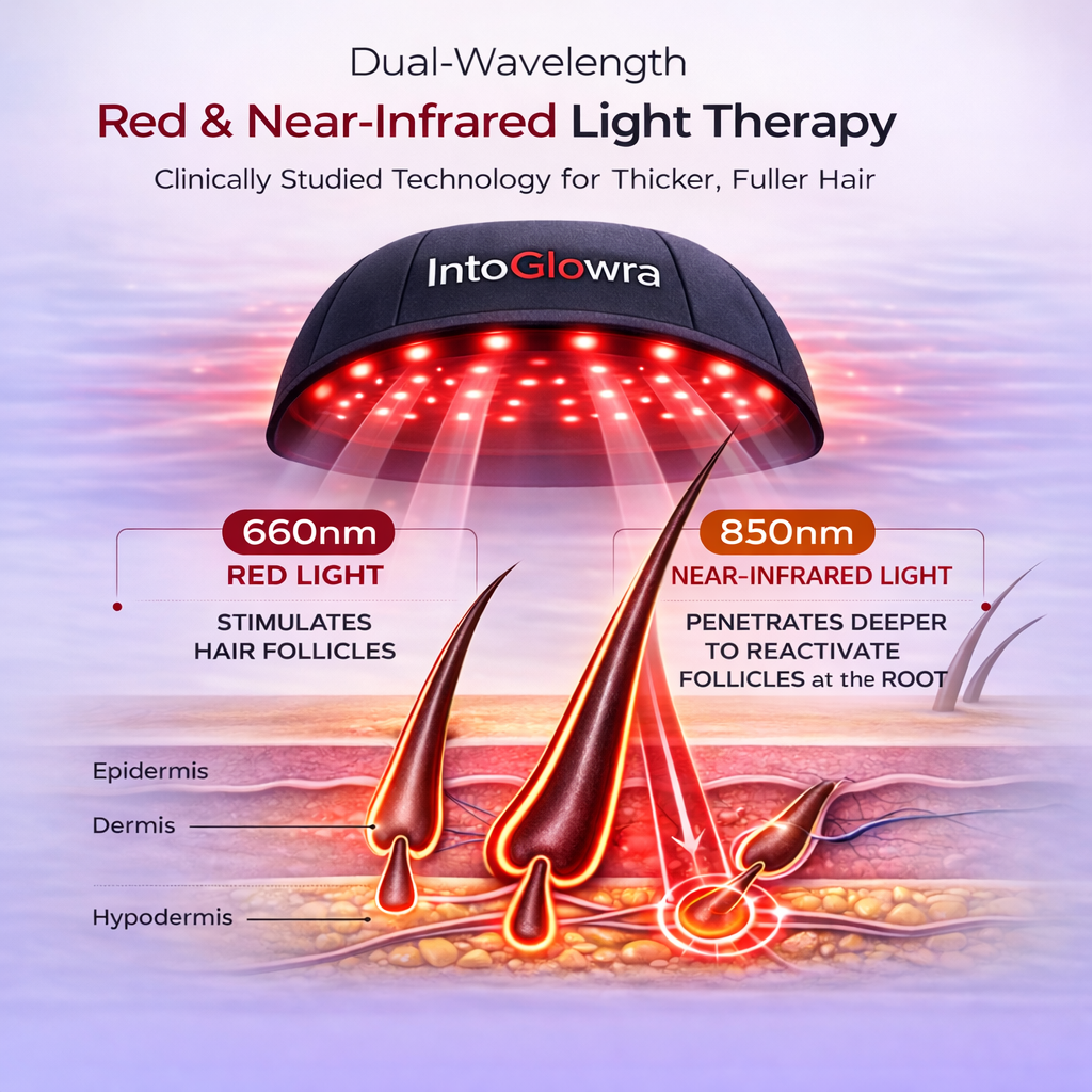 IntoGlowra red and near-infrared light therapy hair growth hat diagram showing 660nm and 850nm wavelengths penetrating epidermis, dermis, and hypodermis to stimulate hair follicles