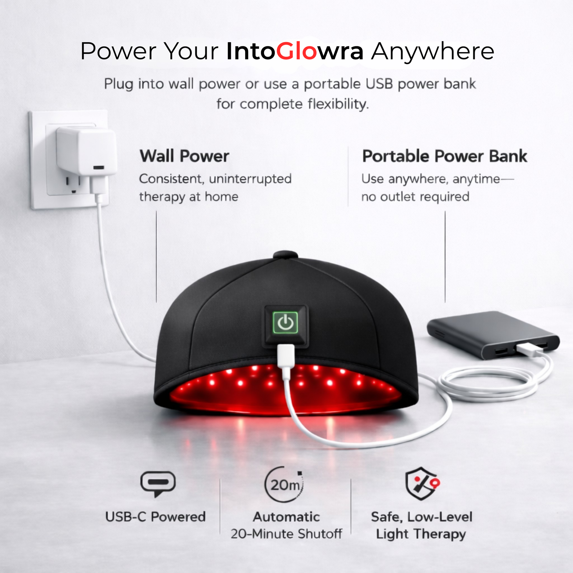 IntoGlowra red light therapy hair growth hat and cap USB-C powered portable device with wall and power bank charging