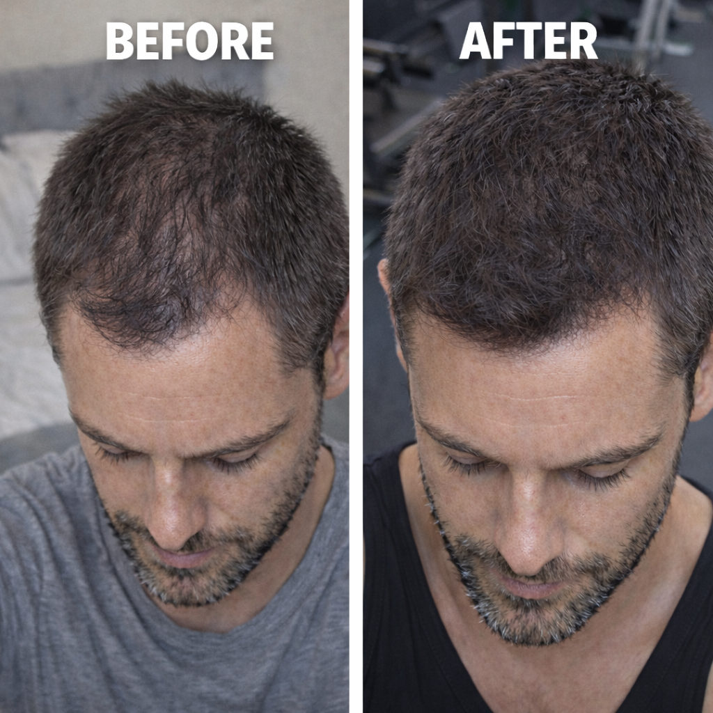 Before and after hair growth results using the IntoGlowra red light therapy hair growth hat and cap