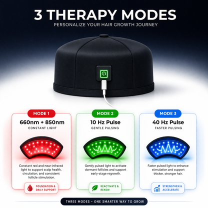 IntoGlowra red light therapy hat (cap) showing 3 therapy modes including 660nm red light and 850nm near-infrared with pulse settings for hair growth and scalp health