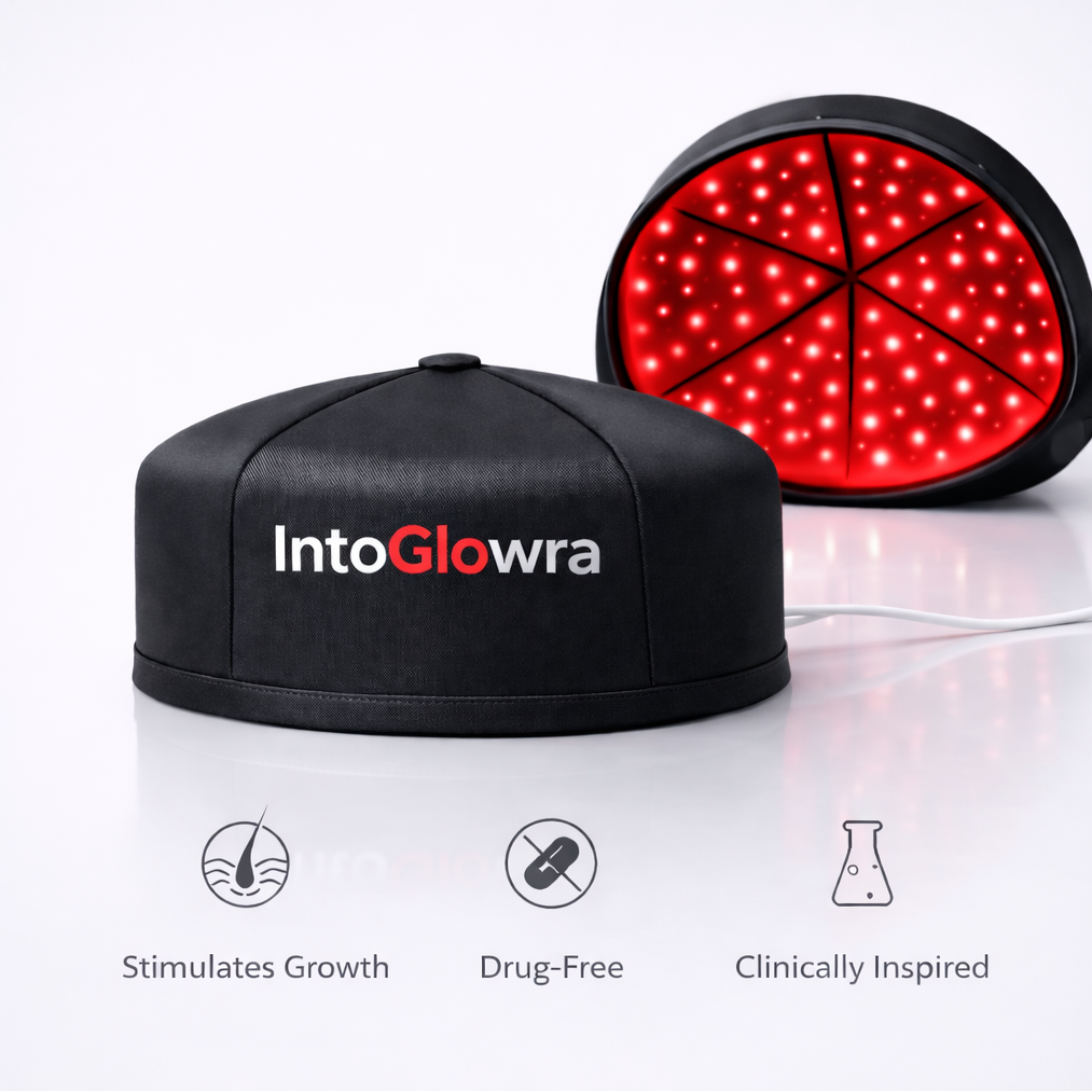 IntoGlowra red light therapy hair growth hat and cap showing premium exterior and internal LED therapy structure