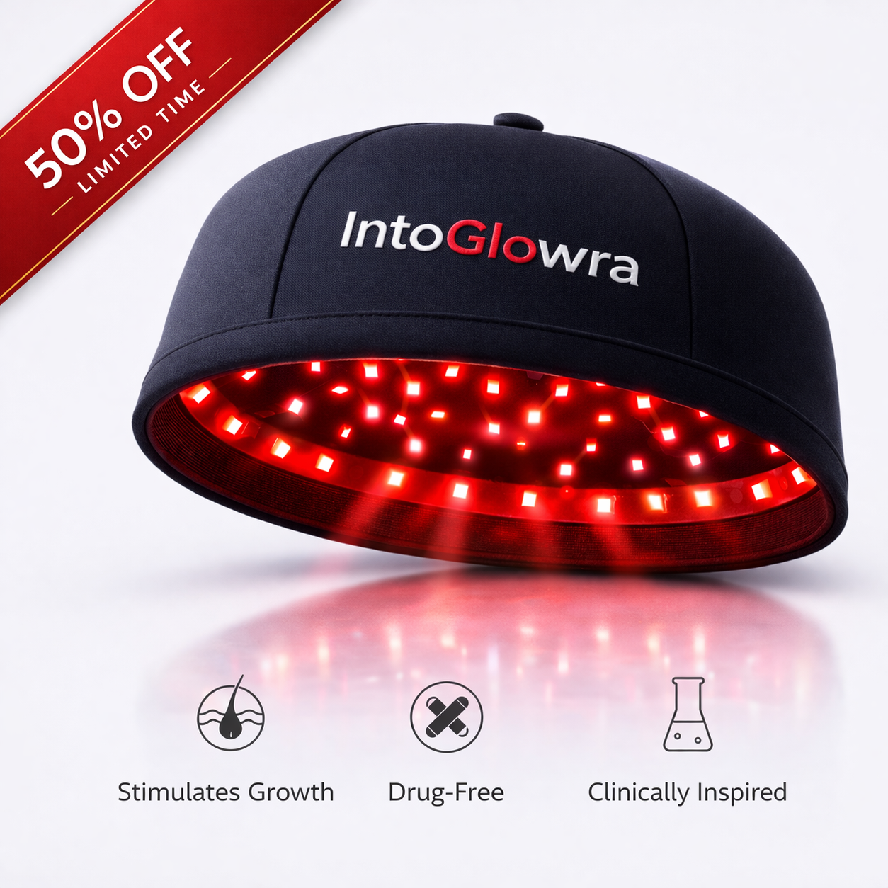 IntoGlowra red light therapy hat for hair growth with 50% off sale banner and dual wavelength LED technology