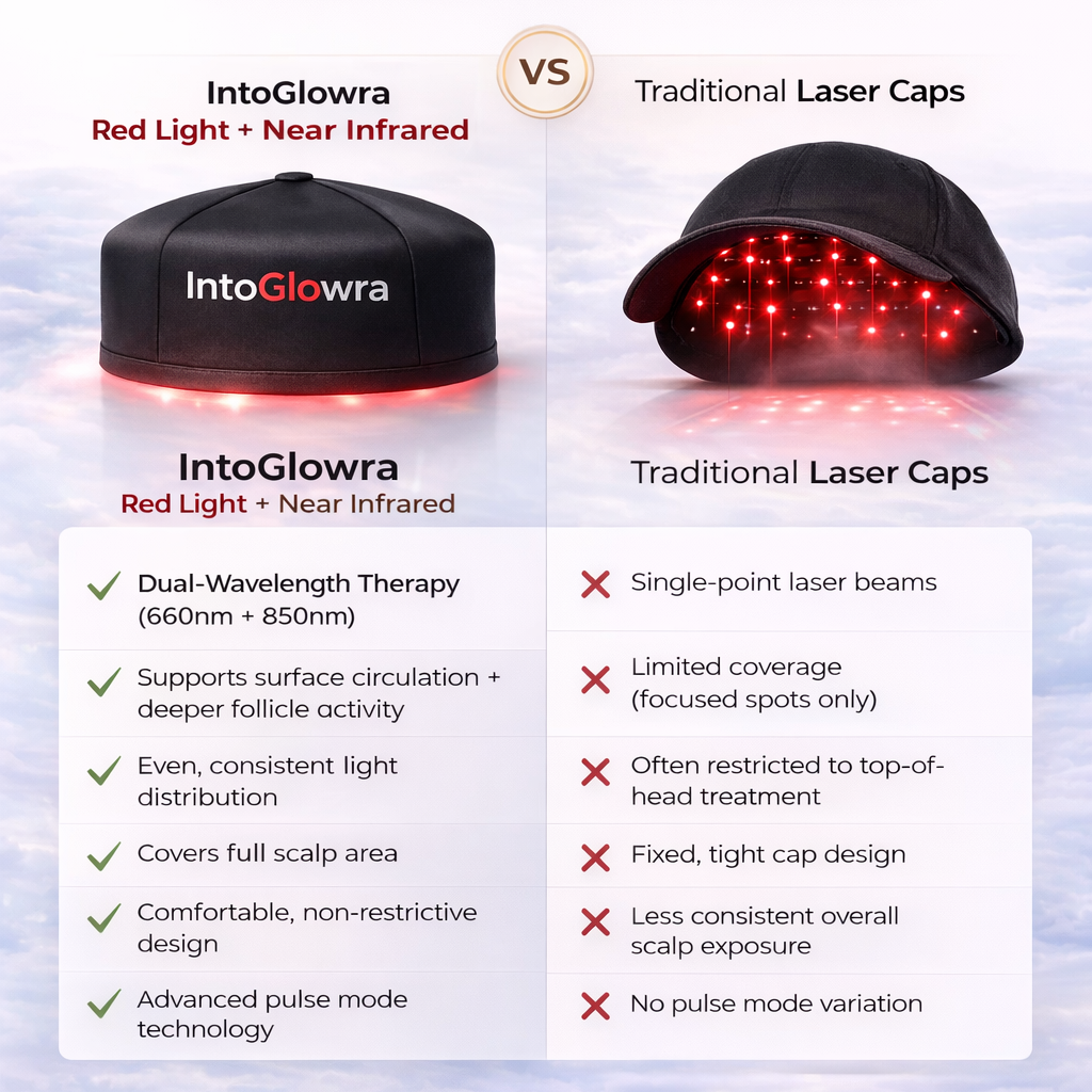 Comparison of IntoGlowra red light therapy hat vs traditional laser caps showing dual-wavelength 660nm and 850nm technology, full scalp coverage, and advanced pulse modes for hair growth.